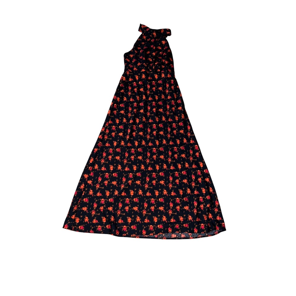 A New Day Womens Orange Pink Floral Halter Maxi Dress Black Size M Sleeveless
